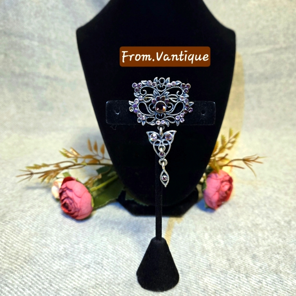🟣 Vintage Victorian Purple Rhinestone Dangling Silver Brooch / Pin 🧷